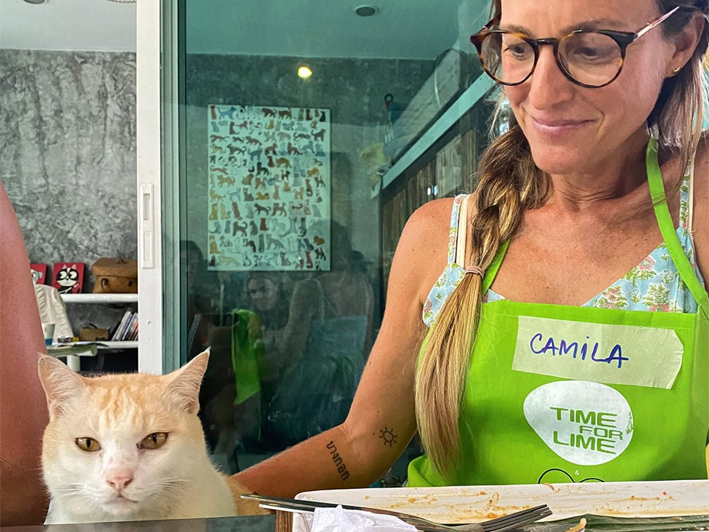 A woman in a green apron sits at a table with a rescue cat peeking over the edge, creating a cozy and lighthearted dining moment in a serene setting.